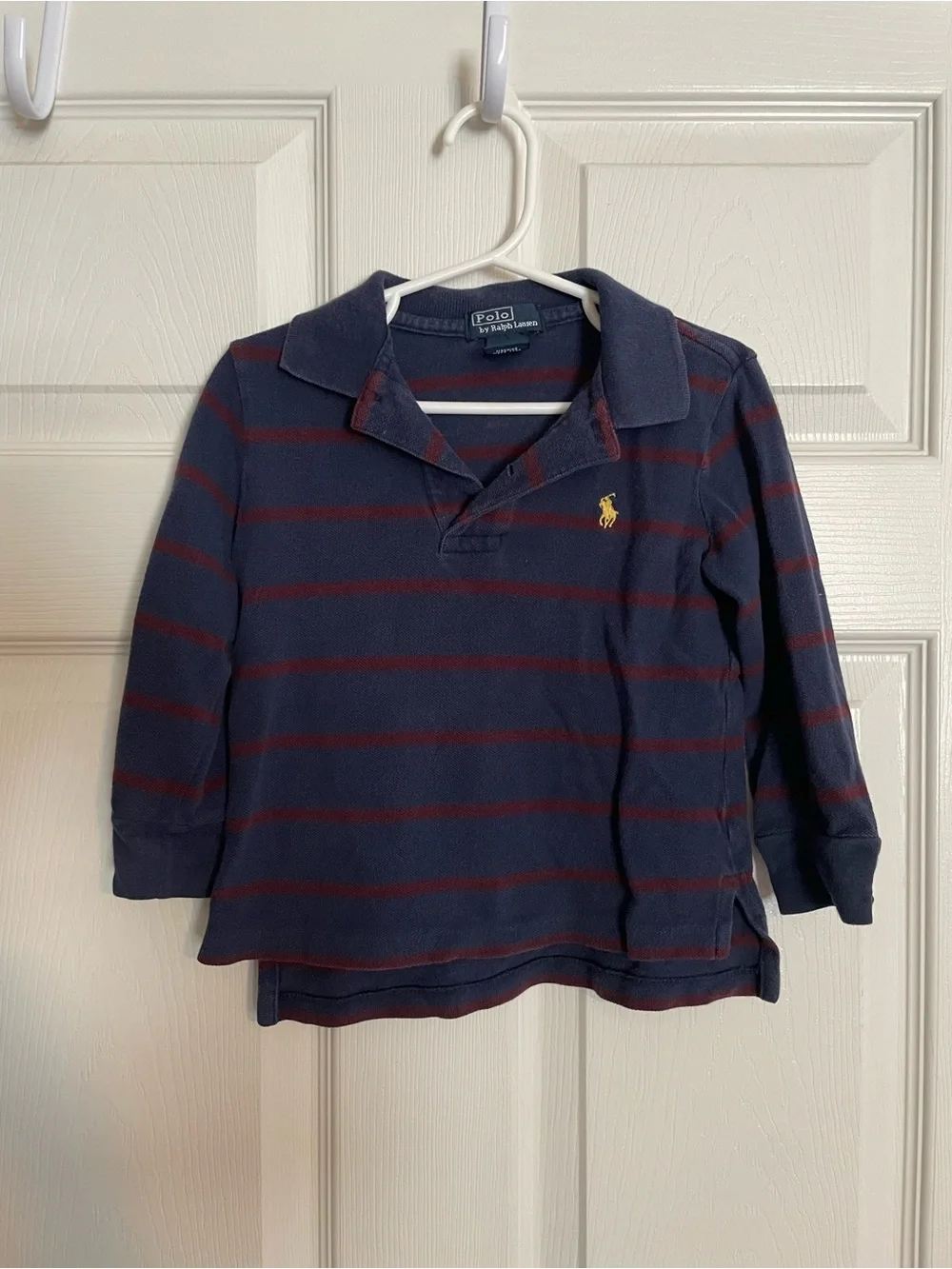 Polo by Ralph Lauren Navy & Burgundy Striped Long-Sleeve Polo with Yellow Logo
